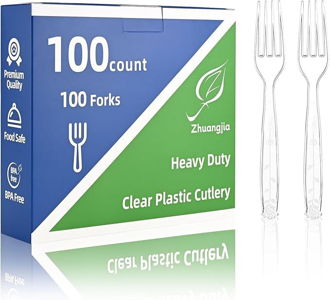100 Count Extra Heavy Duty Clear Plastic Forks Disposable, BPA-Free, Heat Resistant, Durable Disposable Forks Bulk for Catering & EventsParty Supplies
