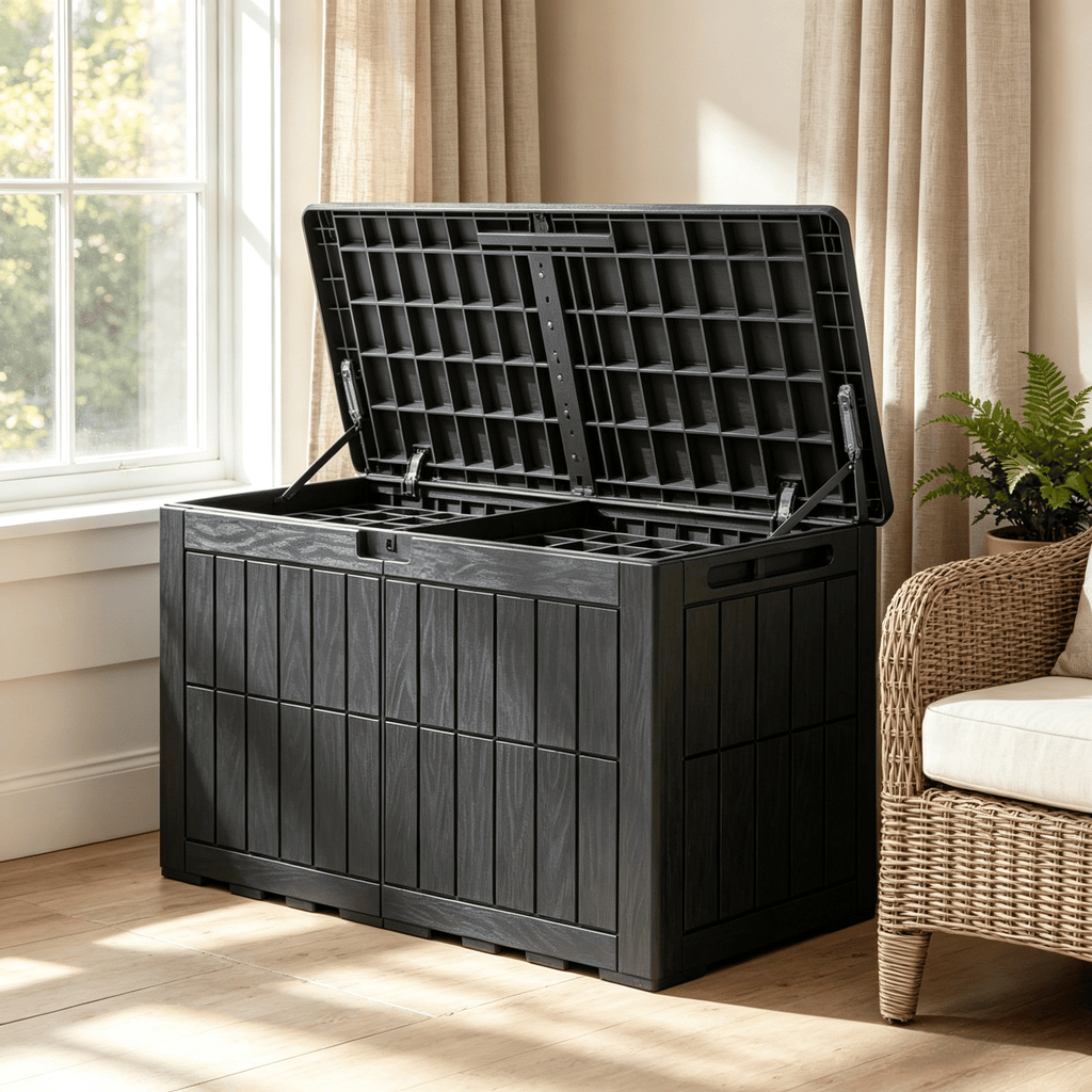 100 Gal Outdoor Deck Box Waterproof Lockable for Tools And Cushions Storage Pool Area Use