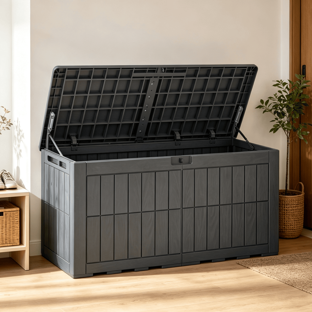 100 Gal Outdoor Deck Box Waterproof Lockable for Tools And Cushions Storage Pool Area Use