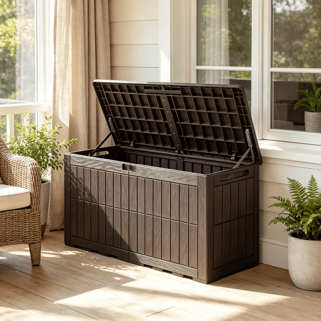 100 Gal Outdoor Deck Box Waterproof Lockable for Tools And Cushions Storage Pool Area Use