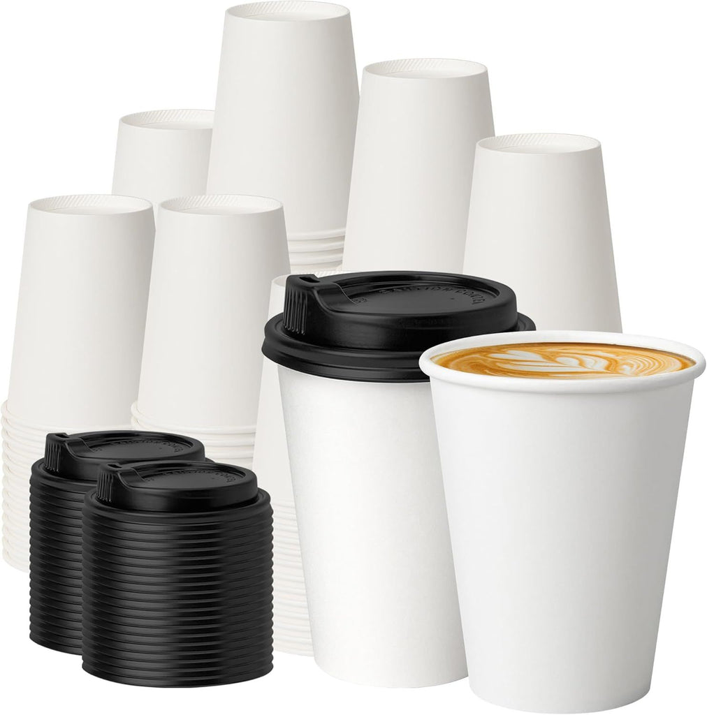 100 Pack 12 oz Disposable Coffee Cups with Lids, Paper Coffee Cups for Hot/Cold Drinks, Leak-Proof To Go Cups for Home, Cafes, Events and Office