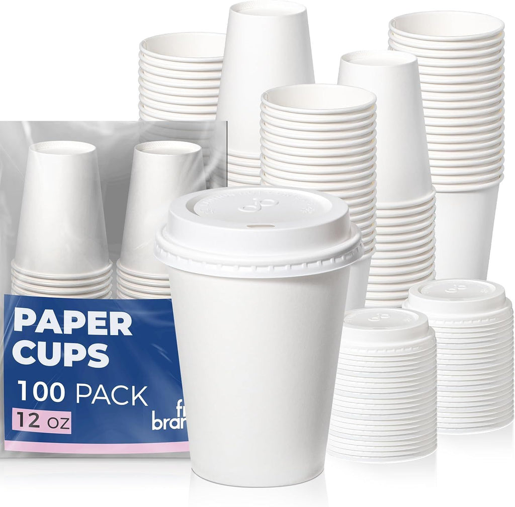 100 Pack 12 oz Disposable Coffee Cups with Lids, Premium To Go Paper Cups, Leak Proof Hot Coffee Cups with Lids for Travel, Office, Hot/Cold Beverages (Black Lids)