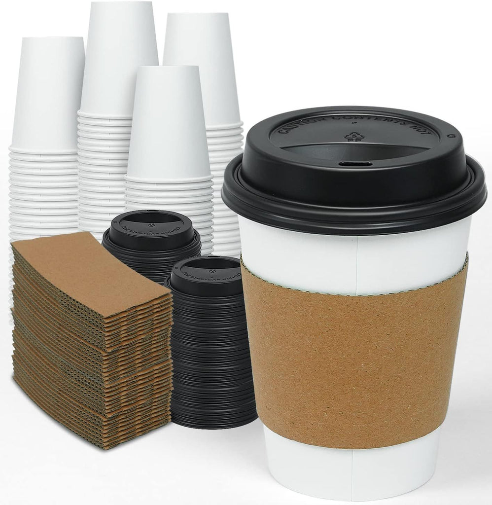 100 Pack 12 oz Disposable Thickened Paper Coffee Cups with Lids and Sleeves, To Go Hot Coffee Cups, Hot Chocolate, Cocoa and Coffee Bar Supplies