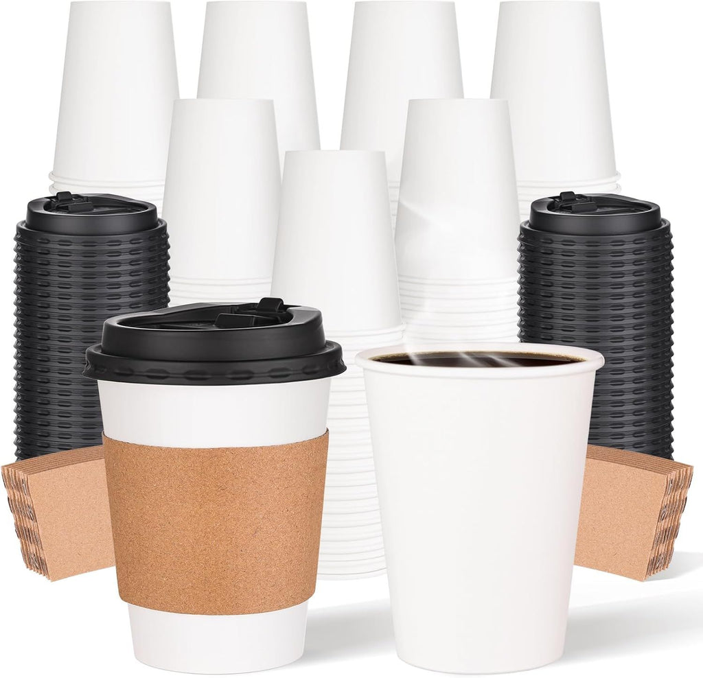 100 Pack 12oz Disposable Paper Coffee Cups with Lids & Sleeves, To Go Hot Coffee Cups for Tea Cocoa Chocolate Juice, Hot & Cold Drinking Paper Cup Bulk for Cafes Home Office Travels Parties
