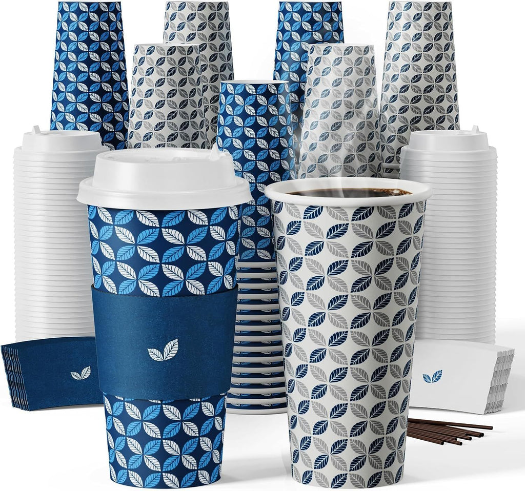 100 Pack 20 oz Disposable Coffee Cups, Hot Paper Coffee Cups with Lids, Sleeves and Stirrers for Home, Office, Cafe (Blue Leaf and Grey Leaf)