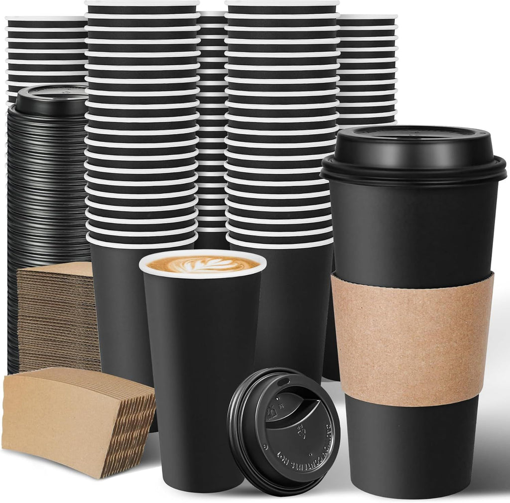 100 Pack 20 oz Disposable Coffee Cups with Lids and Sleeves, Leak-Free Black Insulated Hot To Go Cups for Coffee Bars, Restaurants, Offices