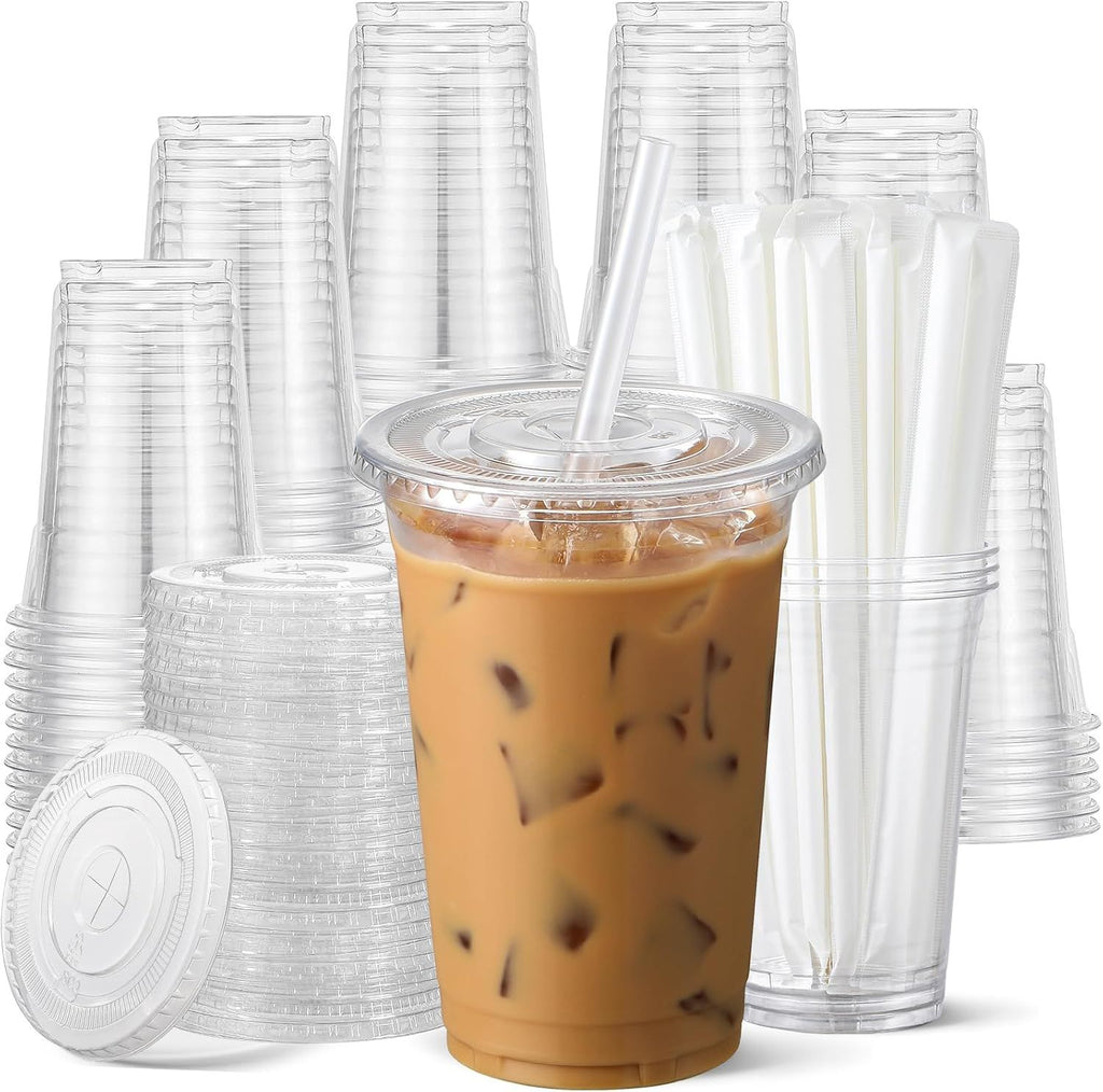 100 Pack 24 oz Disposable Plastic Cups with Lids and Straws, Clear Iced Coffee Cups for Cold Beverages, Smoothies, Iced Coffee, Leak-Proof, BPA-Free