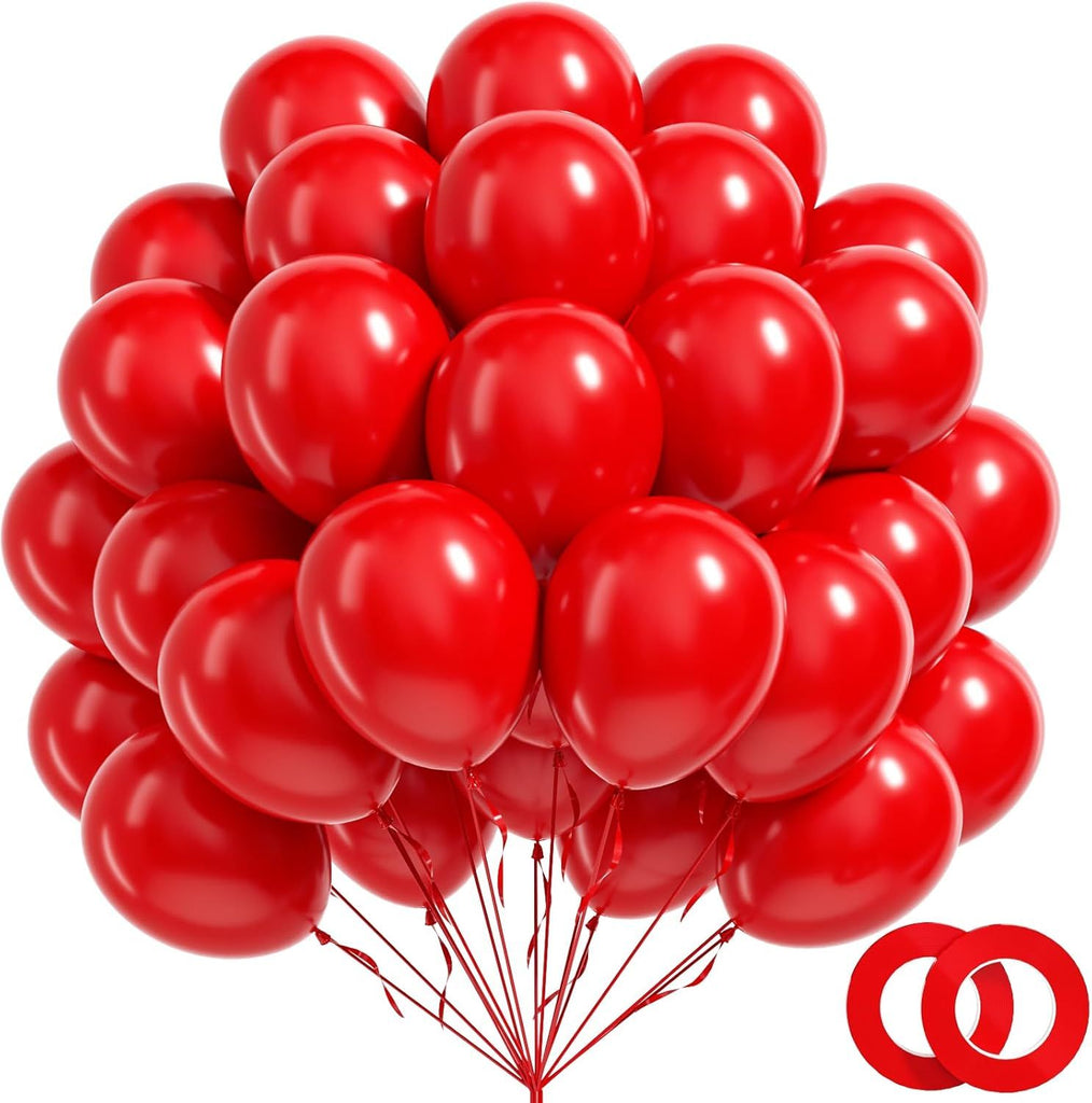 100 Pack Balloons 12 inch - Red Latex Balloons for Valentines Day Birthday Wedding Party Decorations (With Red Ribbon)