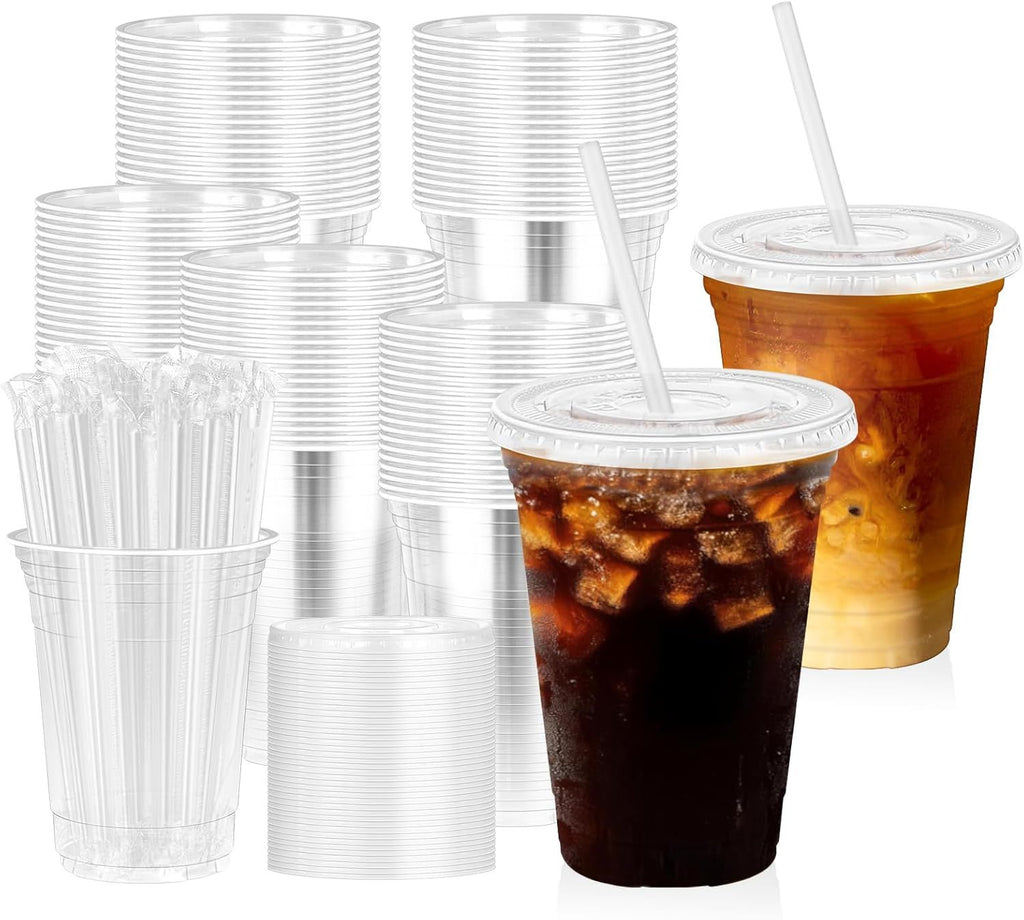 100 Pack Clear Plastic Cups with Lids and Straw,leak-proof durable,To-Go Cold Coffee Cups,Disposable Cold Drink Cups for Parties, Outdoor Events, Cafes, and Smoothies