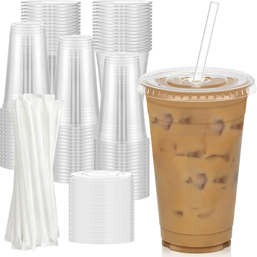 100 Pack Clear Plastic Cups with Lids and Straws, Sturdy & Food Safe Iced Coffee Cups with lids, Disposable Plastic Smoothie Cups for Cold Drinks