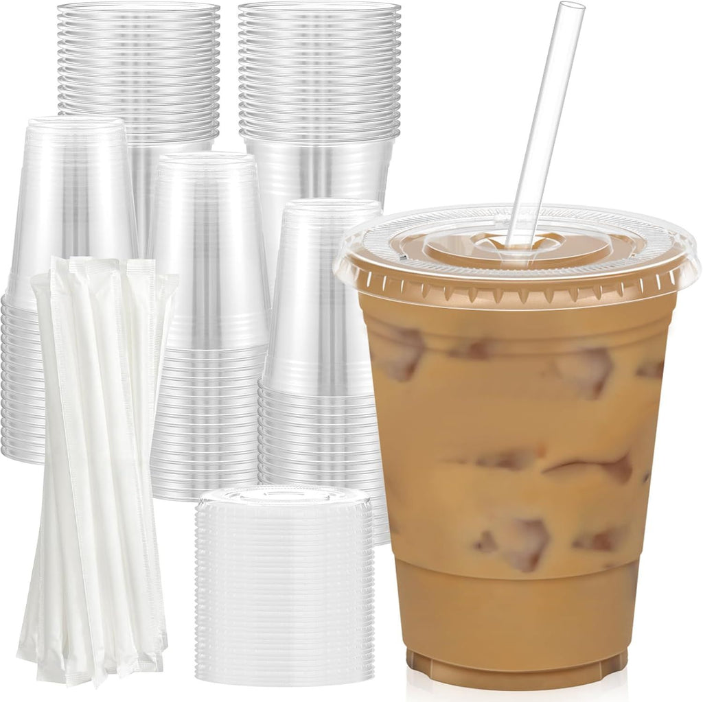 100 Pack Clear Plastic Cups with Lids and Straws, Sturdy & Food Safe Iced Coffee Cups with lids, Disposable Plastic Smoothie Cups for Cold Drinks