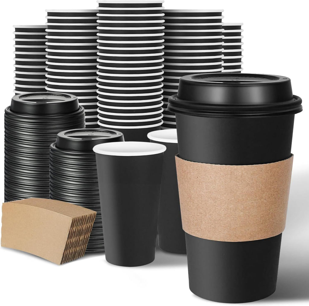 100 Pack Disposable Coffee Cups with Lids and Sleeves 16 oz, To Go Black Paper Hot Drinks Cups for Home, Cafes and Coffee bar Accessories