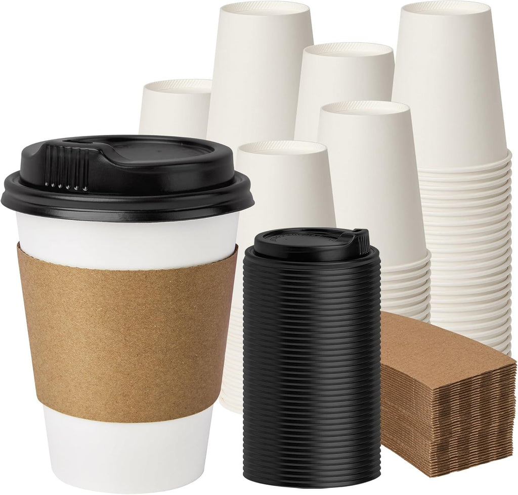 100 Pack Disposable Coffee Cups with Lids and Sleeves, Coffee Paper Cups with Lids, To Go Beverage Drinking Cup for Coffee, Tea