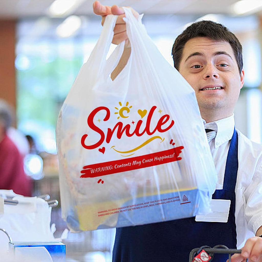 100 Pack White Smile Plastic Bag - 11.5"x6.5"x21" T-Shirt Grocery Bags with Handles, Cheerful Alternative to Thank You Bags, Bulk for Retail, Supermarkets & Small Business