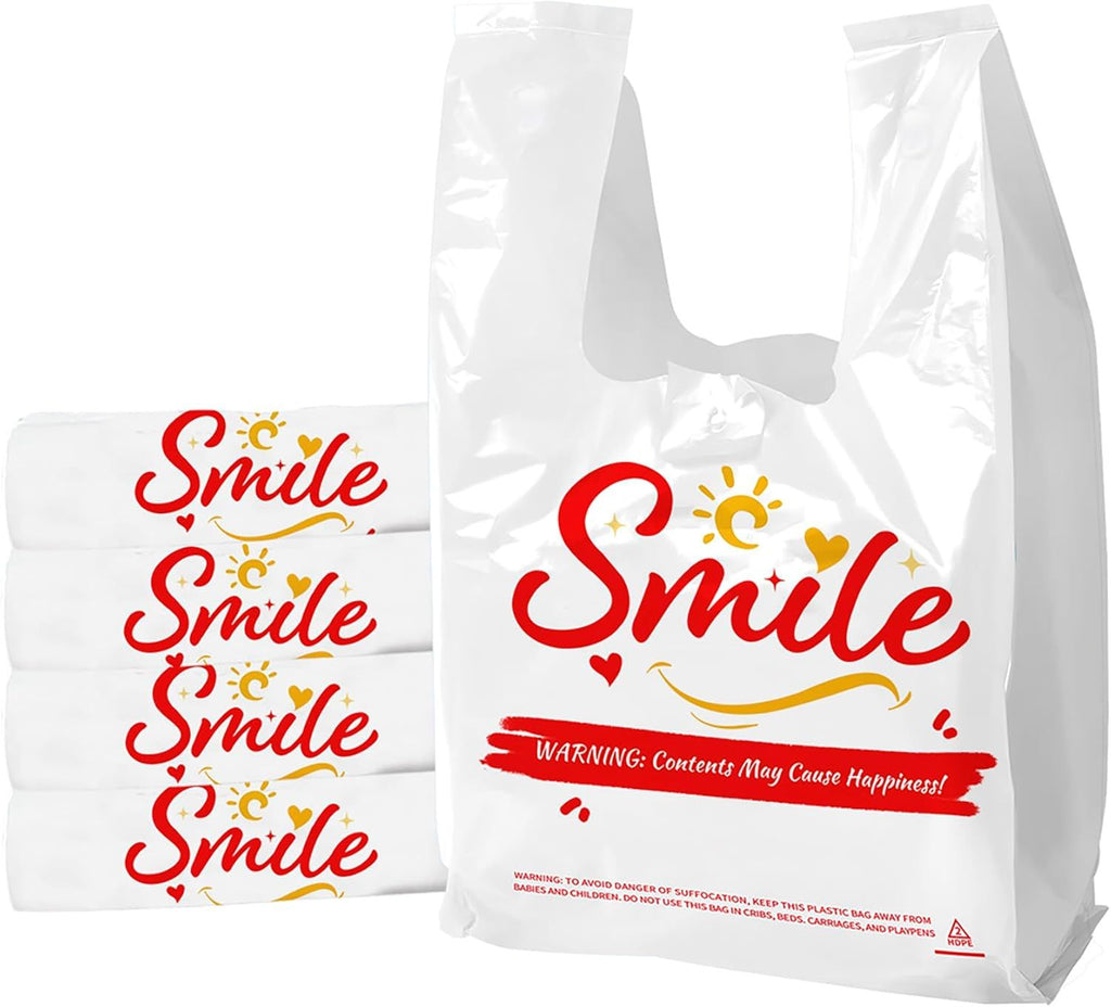 100 Pack White Smile Plastic Bag - 11.5"x6.5"x21" T-Shirt Grocery Bags with Handles, Cheerful Alternative to Thank You Bags, Bulk for Retail, Supermarkets & Small Business