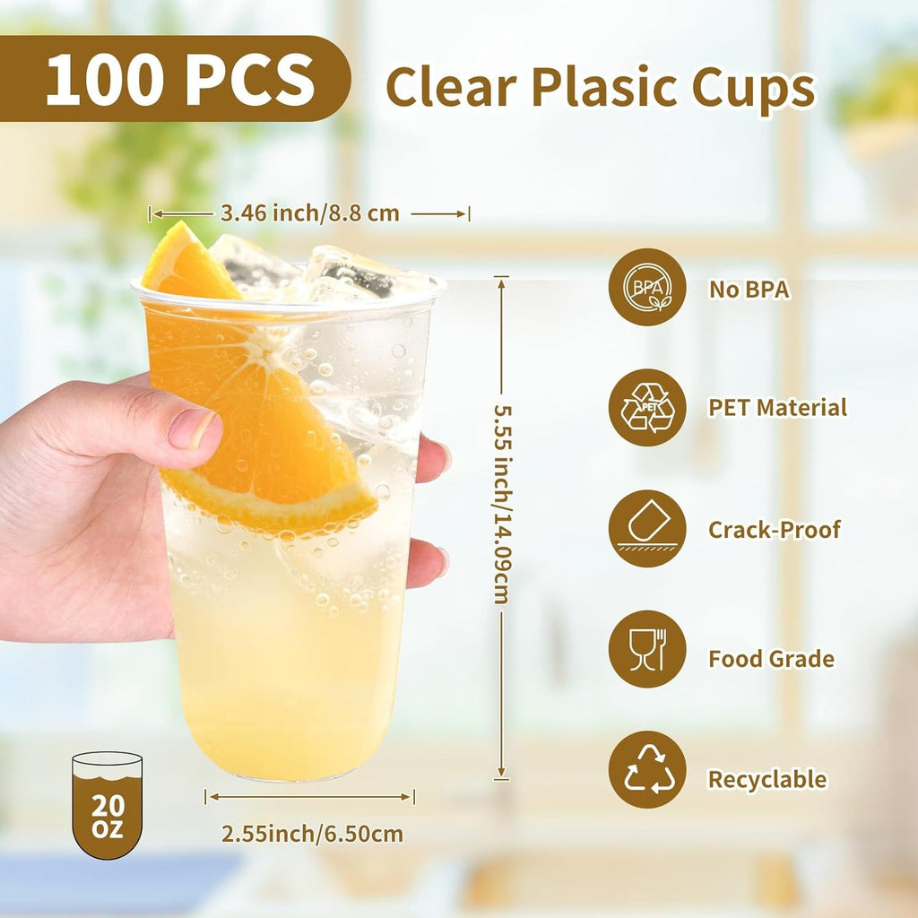 100 Pcs 20 oz Clear Plastic Cups, Disposable Stemless Wine Glasses, Round Bottom Plastic Cocktails Cups, Crystal Disposable Cold Drinking Cup for Birthday Wedding Meeting Christmas Party