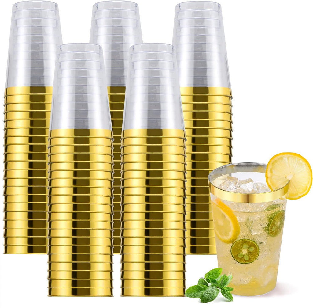 100 Pcs Plastic Cups 12 Ounce Gold Rimmed Disposable Cups Elegant Design Cups Heavy Duty Cups For Wedding Party Birthday Picnic Baby Shower Cups