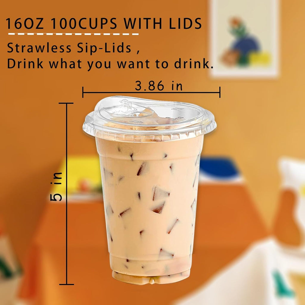100 Sets Clear Plastic Cups With Strawless Sip Through Lids,Clear Crystal disposable plastic cups,smoothie cups