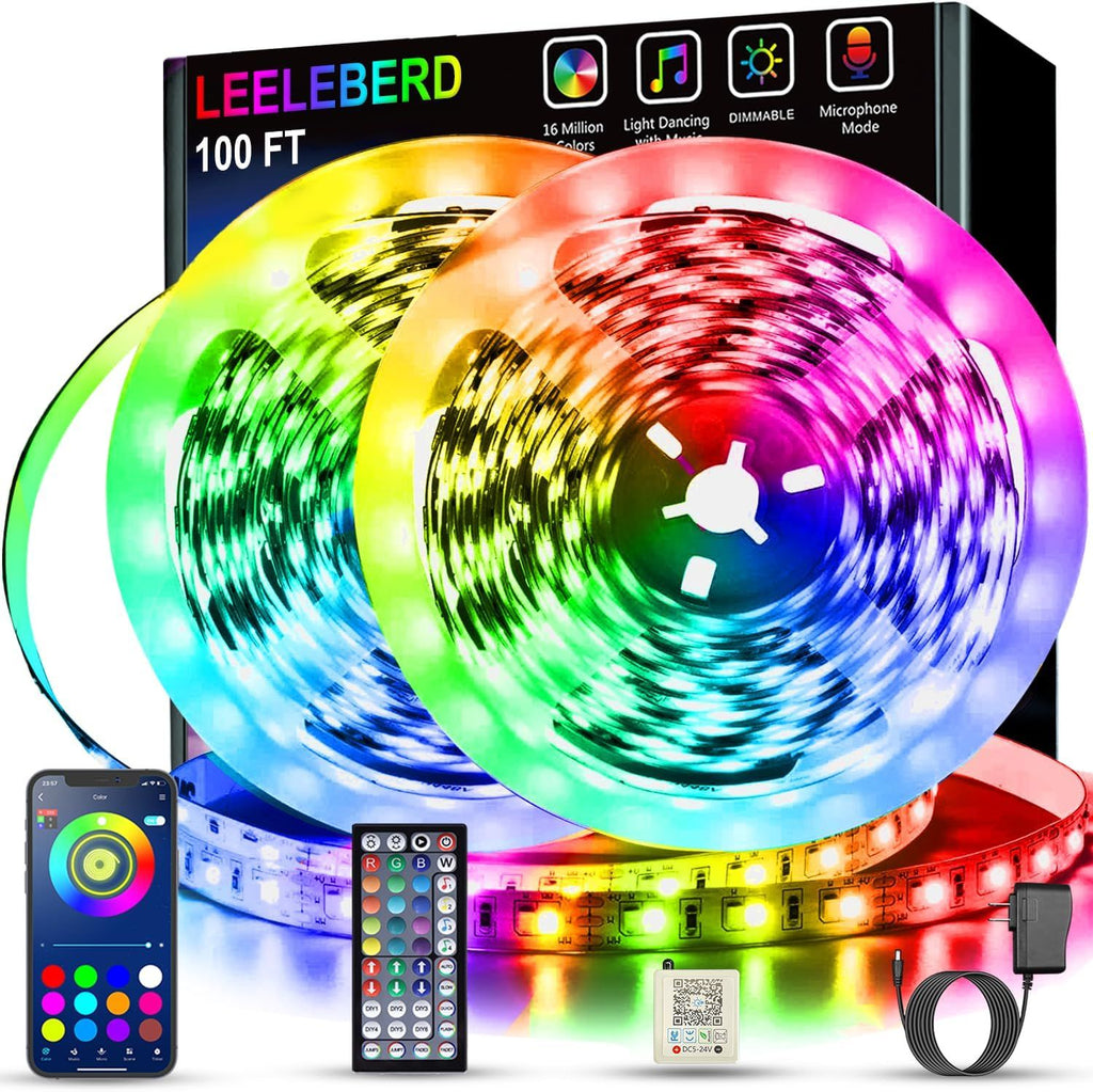 100ft RGB LED Strip Lights for Bedroom – Music Sync, Color Changing, App & Remote Control, 2 Rolls of 50ft