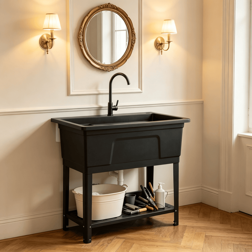 100L Laundry Tub with Rotating Faucet And Storage Shelf Utility Sink for Home