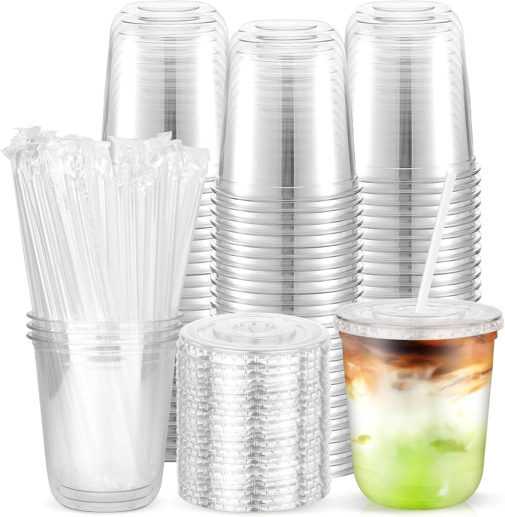 100PCS 12 oz Disposable Plastic Cups with Flat Lids and Clear Straws, Round Bottom To Go Iced Coffee Cups, Small Holiday Cups for Smoothies, Cold Drinks, Coffee Shop, Juice Bars, Christmas Party