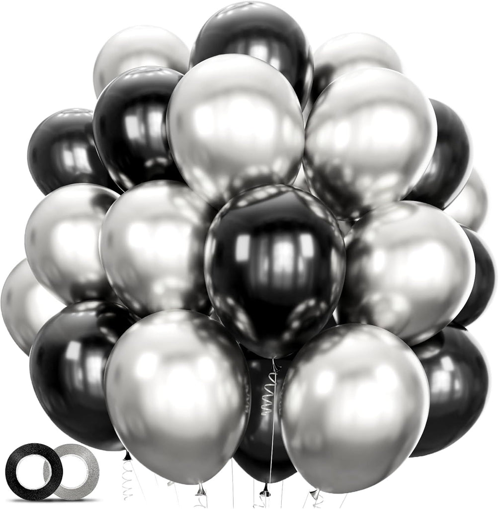 100pcs Black and Silver Balloons 12 Inch Metallic Silver and Black latex Party Balloons for Birthday Graduation Engagement New Year's Eve Party Decorations
