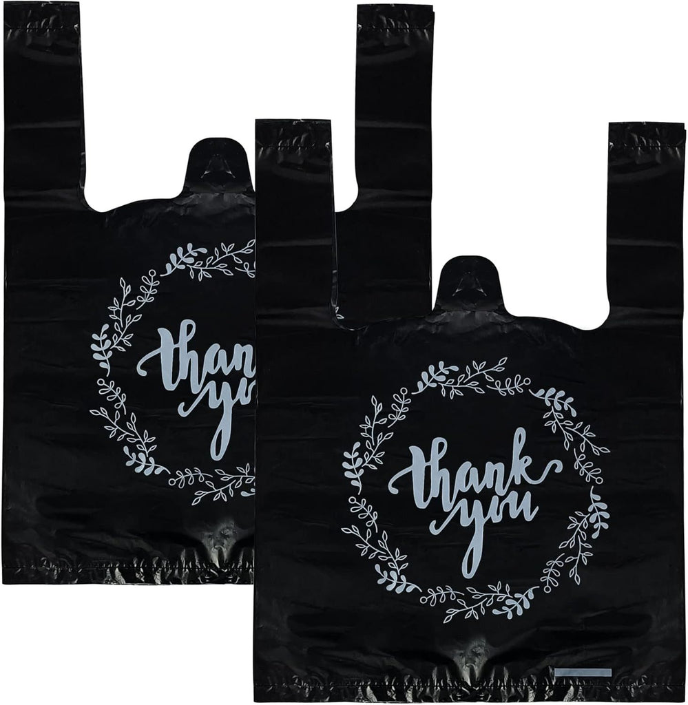 100PCS Black Thank You T-Shirt Bags Plastic Bulk Shopping Restaurant Bags 8.7 x 4.1 x 11.6