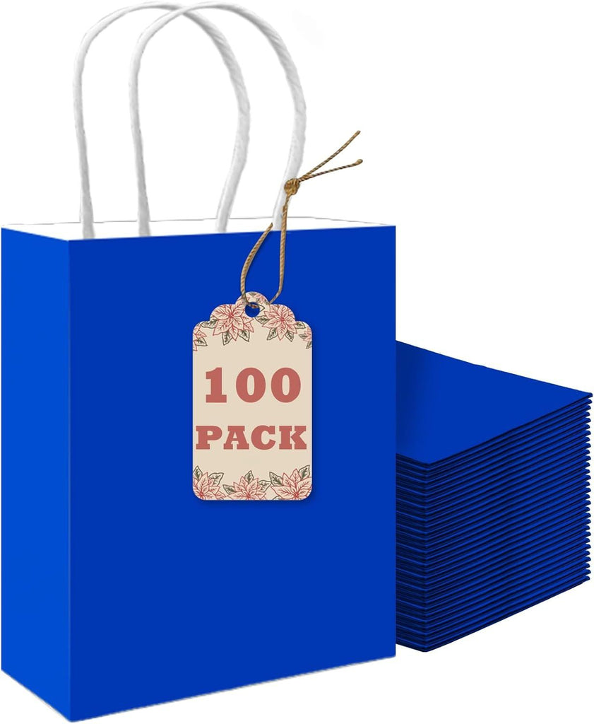 100PCS Gift Bag with Handles Bulk Diamond Blue Paper Bags Multiple Uses (8.3"x3"x6"inch Small Size)