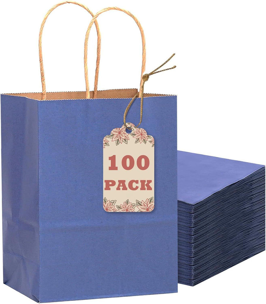 100PCS Gift Bag with Handles Bulk Kraft Deep Blue Paper Bags Multiple Uses (8.3"x3"x6"inch Small Size)