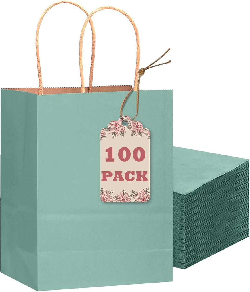 100PCS Gift Bag with Handles Bulk Kraft Light Blue Paper Bags Multiple Uses (8.3"x3"x6"inch Small Size)