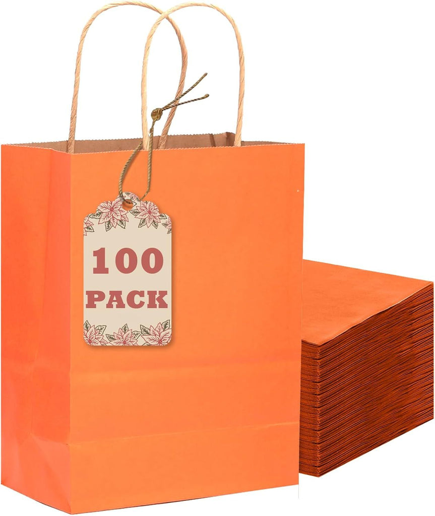 100Pcs Gift Bag with Handles Bulk Kraft Orange Paper Bags Multiple Uses (8.3"x3"x6", Small Size)