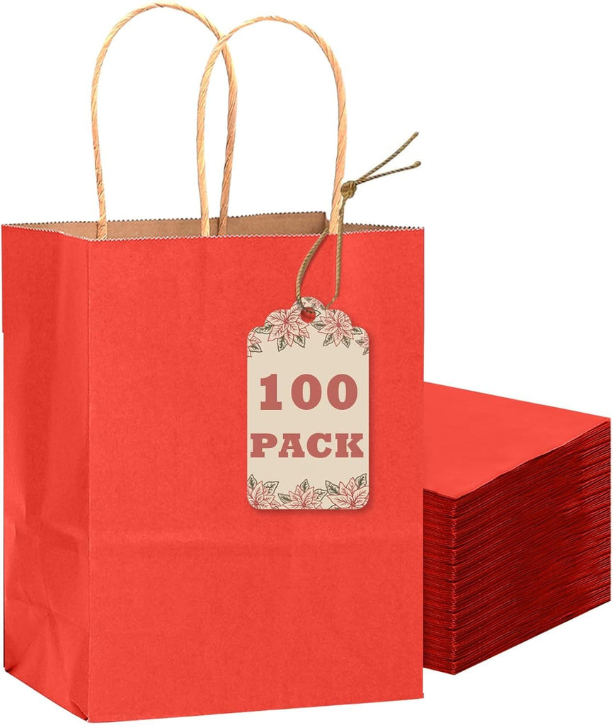 100PCS Gift Bag with Handles Bulk Kraft Red Paper Bags Multiple Uses (8.3"x3"x6"inch Small Size)