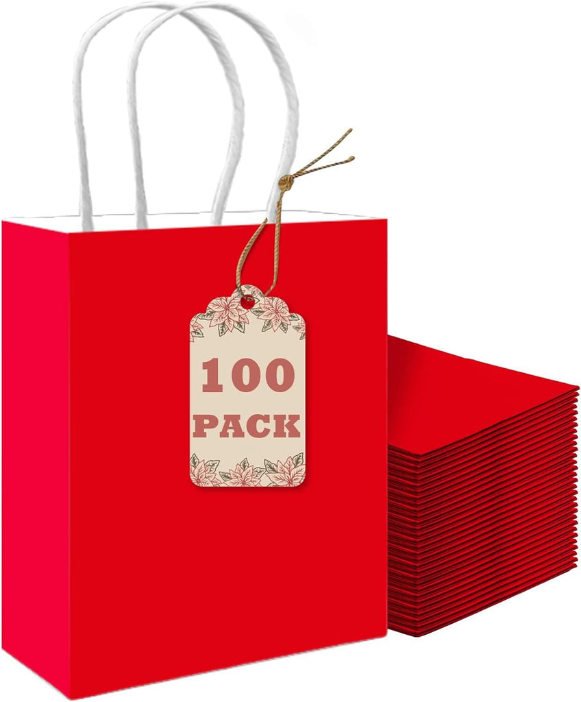 100PCS Gift Bag with Handles Bulk Red Paper Bags Multiple Uses (8.3"x3"x6"inch Small Size)