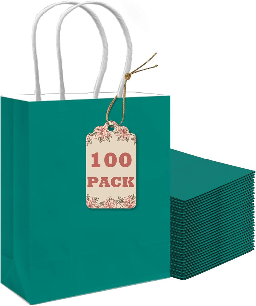 100Pcs Paper Gift Bag with Handles Deep Green Party Favor Bags Multiple Uses (8.3"x3"x6", Small Size)