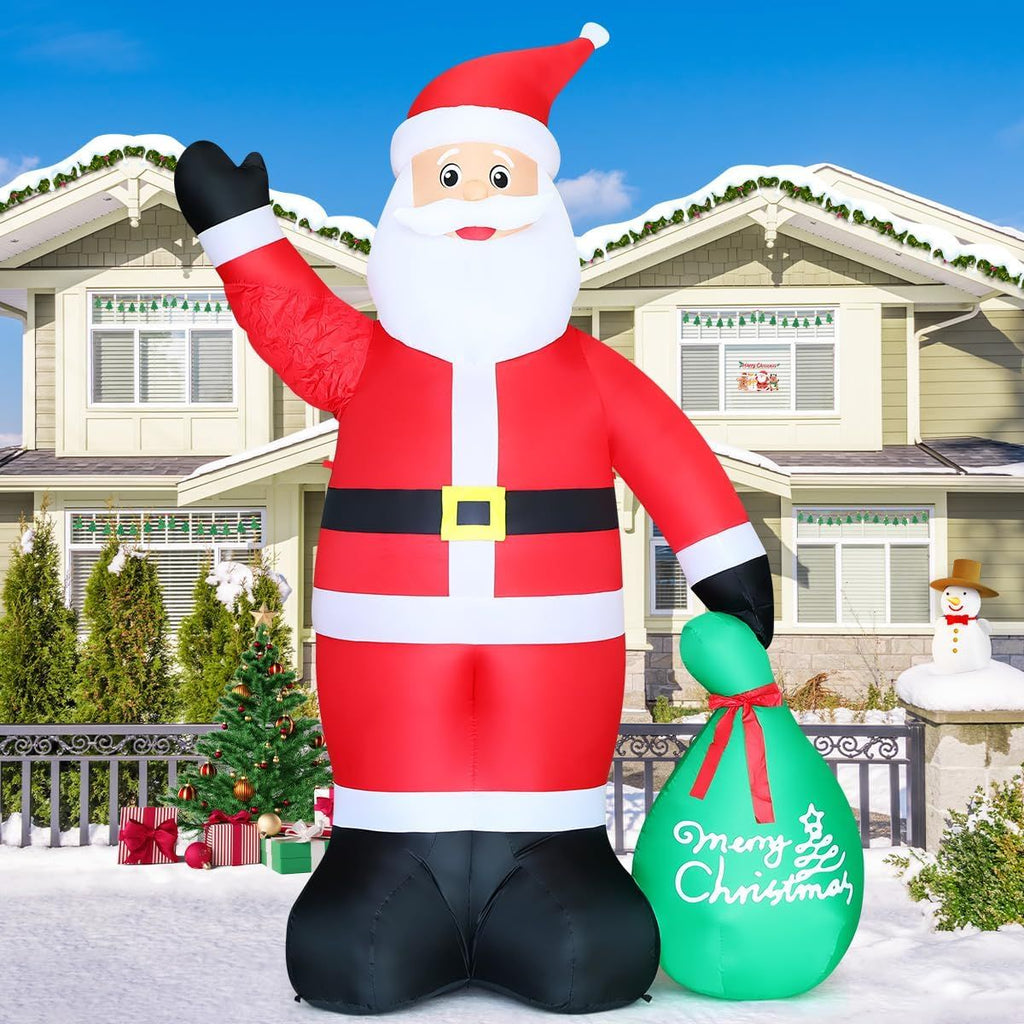 10.3 FT Waving Christmas Inflatable Santa Decorations, Outdoor Christmas Santa Claus with Gift Bag&Animated Hand Blow Up Yard Decor with Built-in LEDs for Xmas Holiday Party Garden Lawn