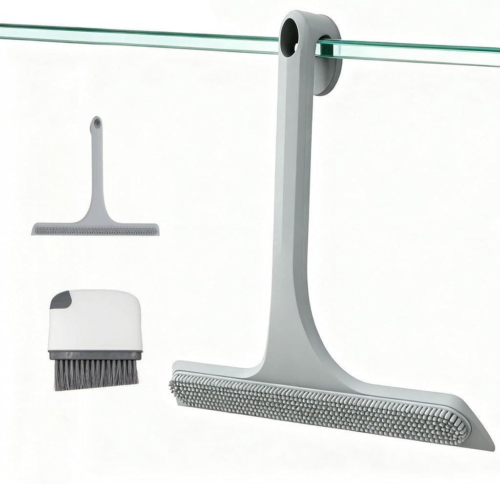 10.7' Wide All-Purpose Shower Squeegee for Glass Doors, Squeegee for Shower Glass with Hook, Window Squeegee with Double-Ended Gap Brush Set for Shower, Bathroom, Car Glass, Mirror (Gray)