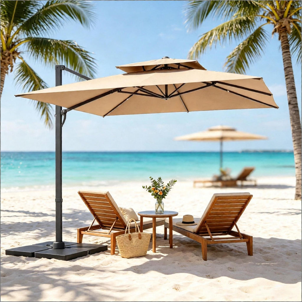 10FT Aluminum Patio Umbrella Cantilever with 220 LBS Base Outdoor Sunshade Garden Market Umbrella with Aluminum Pole