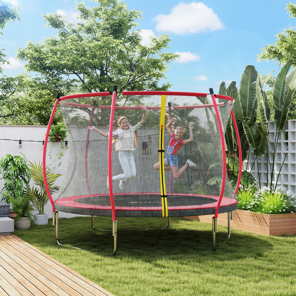 10ft Outdoor Trampoline with Net Enclosure, Curved Poles and Safety Pad, ASTM Approved, Red