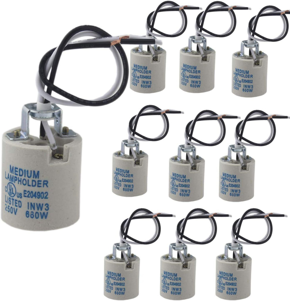 10pcs Ceramic Standard Medimun Screw Base Socket E26 E27 Bulb Holders With Wire for Hot Halogen Bulb (E26 10pcs)