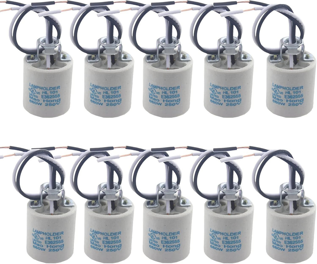10pcs Ceramic Standard Medimun Screw  Socket E26 E27 Bulb Lamp Holders E26 Light socket With Wire Lead for Hot Halogen Bulb (E26 10pcs)