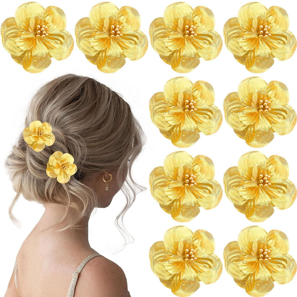 10PCS Hawaiian Flower Hair Clips for Women, Gold Artificial Tropical Flower Hair Barrettes for Vacation Beach Party Boho Accessories for Girls Wedding