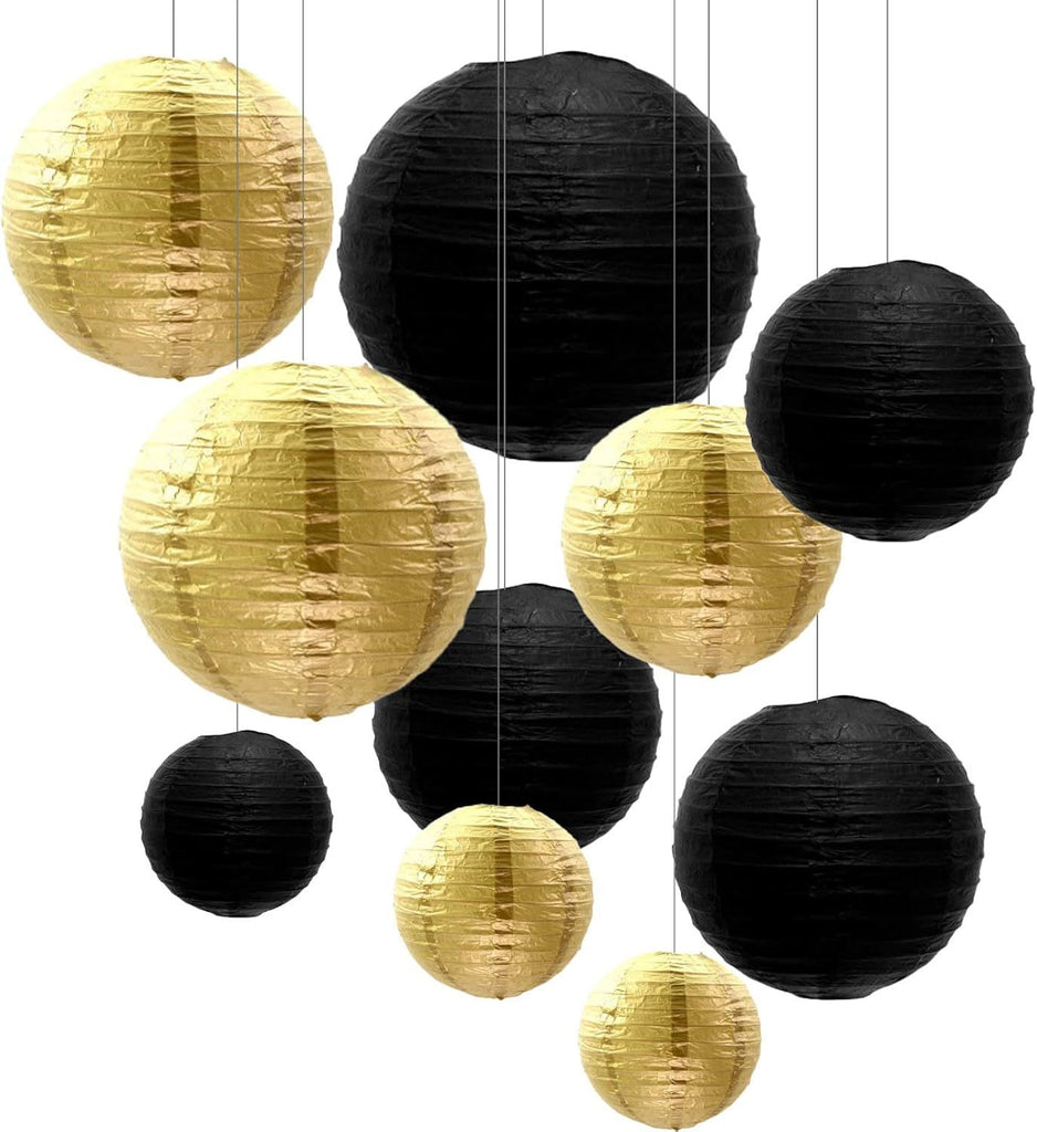 10pcs Paper Lanterns,Black Gold Round Hanging Paper Lanterns Decorations for Graduation,Anniversary,New Year,Farewell,Retirement,Birthday Party,Graden Decor