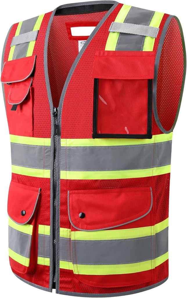 11 Pockets Hi-Vis Black Mesh Safety Vest for Men Women High Visibility Reflective Construction with Zipper Work Utility PPE Work Gear ANSI/ISEA compliant (102-Red L)