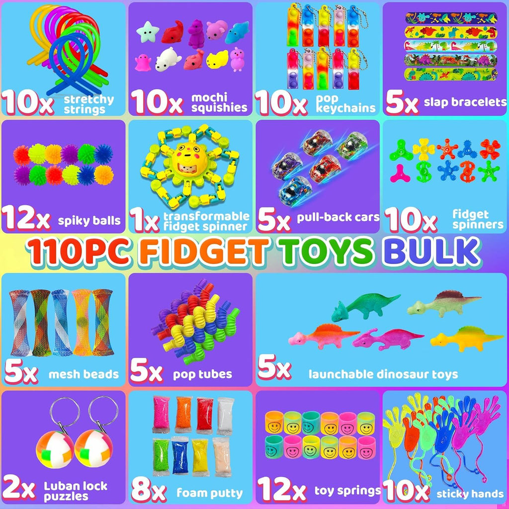 110PC Party Favors Fidget Toys Bulk for Kids Classroom, Goodies Bag Carnival Prizes Treasure Box