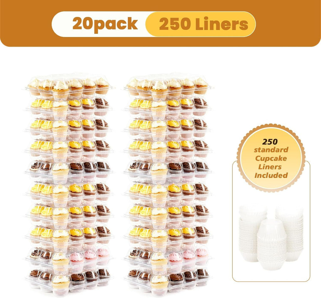 12 Count Cupcake Containers, 20 Pack Stackable Cupcake Carrier with 250 Pack Cupcake Liners, Plastic Cupcake Boxes Holders, Clear Cupcake Disposable Trays for Baking, Parties, Gifting