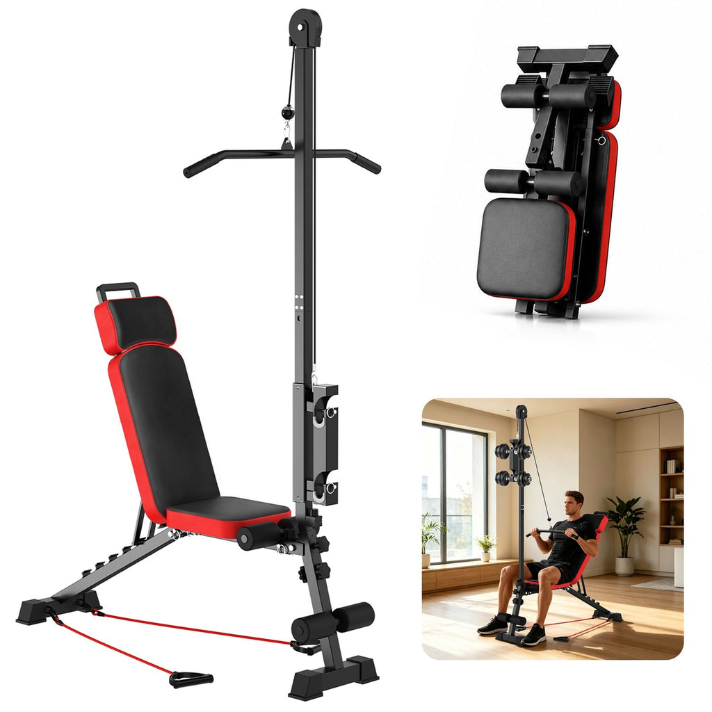 12-in-1 Multi-Functional Weight Bench with Pulley System and Resistance Cords, Adjustable Backrest Headrest Lat Pulldown Workout Bench with Leg Suppor