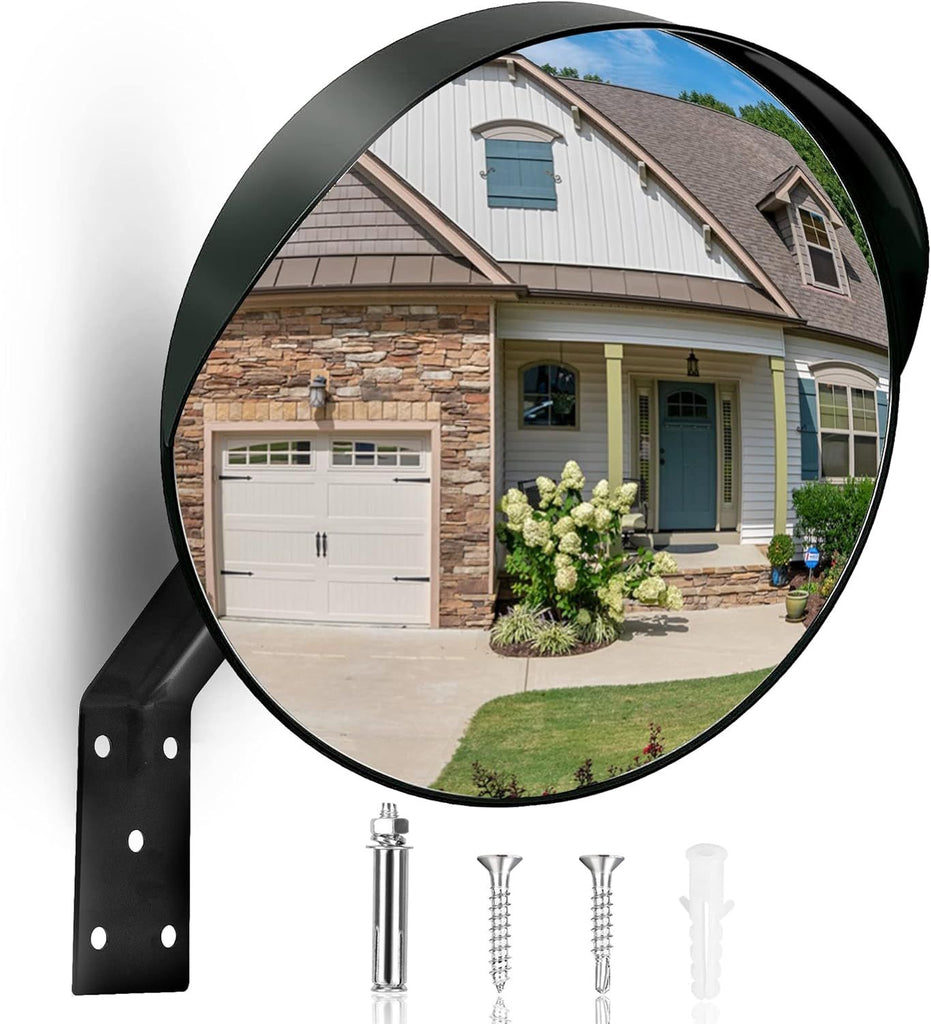 12-Inch Convex Security Corner Mirror (Clear View) - Adjustable Fixing Bracket, Wide Angle, Indoor and Outdoor Use - Ideal for Warehouse, Office, Parking Garage, and Traffic Safety (Black)