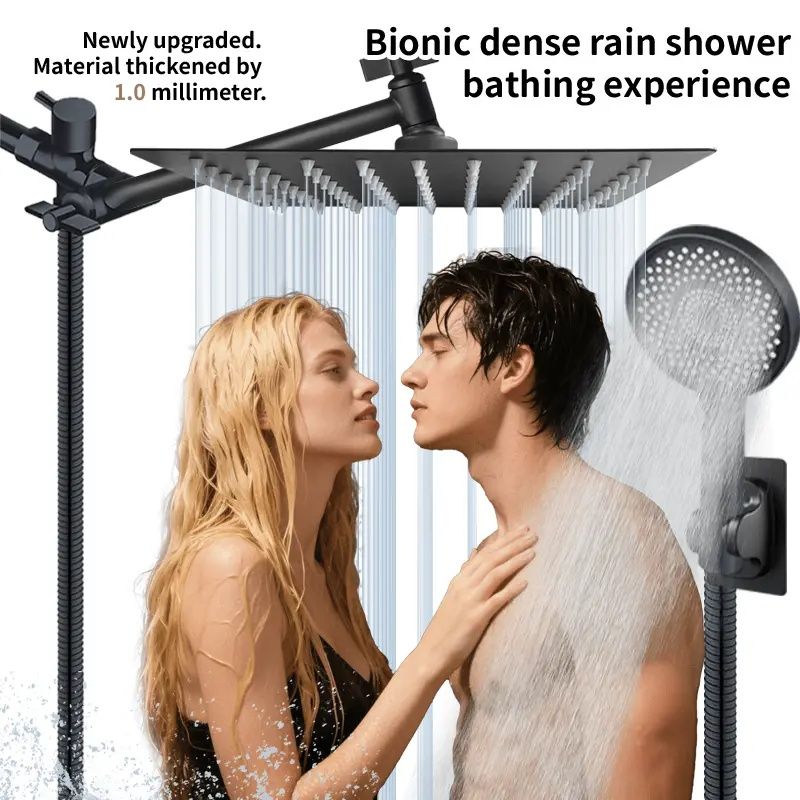 12-inch high-flow square-shaped design shower head set, water-saving high-pressure rain head for smooth flow, 11-inch adjustable arm for comfort, three-level handheld showerhead. Sports/Home/commercia