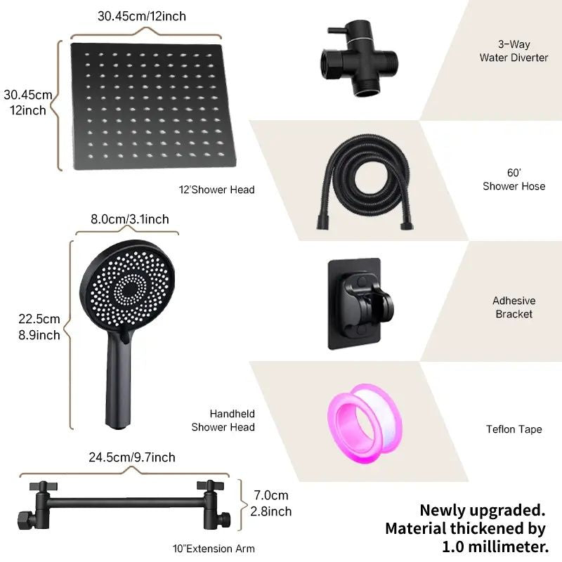 12-inch high-flow square-shaped design shower head set, water-saving high-pressure rain head for smooth flow, 11-inch adjustable arm for comfort, three-level handheld showerhead. Sports/Home/commercia
