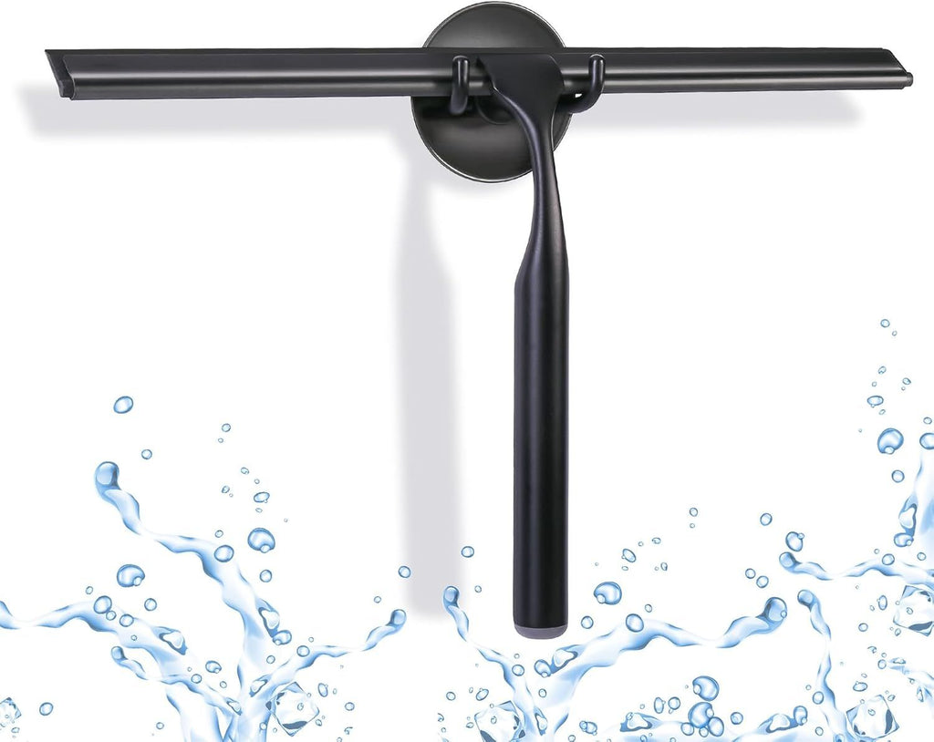 12 Inch Squeegee for Shower Glass, Black Shower Squeegee with Adhesive Hooks Heavy Duty, Non-Slip Long Handle, Spare Blade, All-Purpose Squeegee Cleaning for Bathroom Doors Car Window